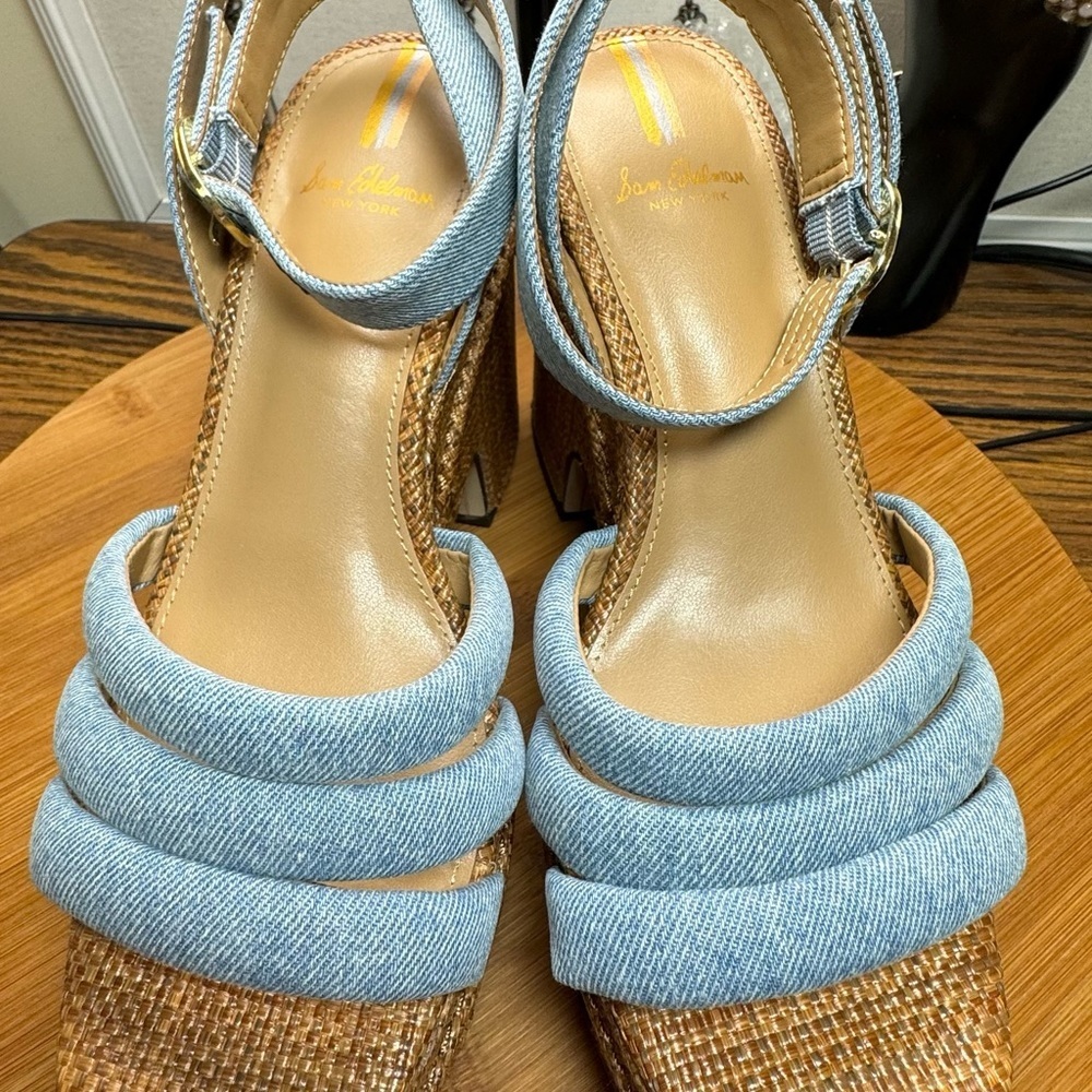 NWOT New Sam Edelman Tibby Platform Heels Size 5.5 or 6 in Blue Denim and Brown - Picture 2 of 11